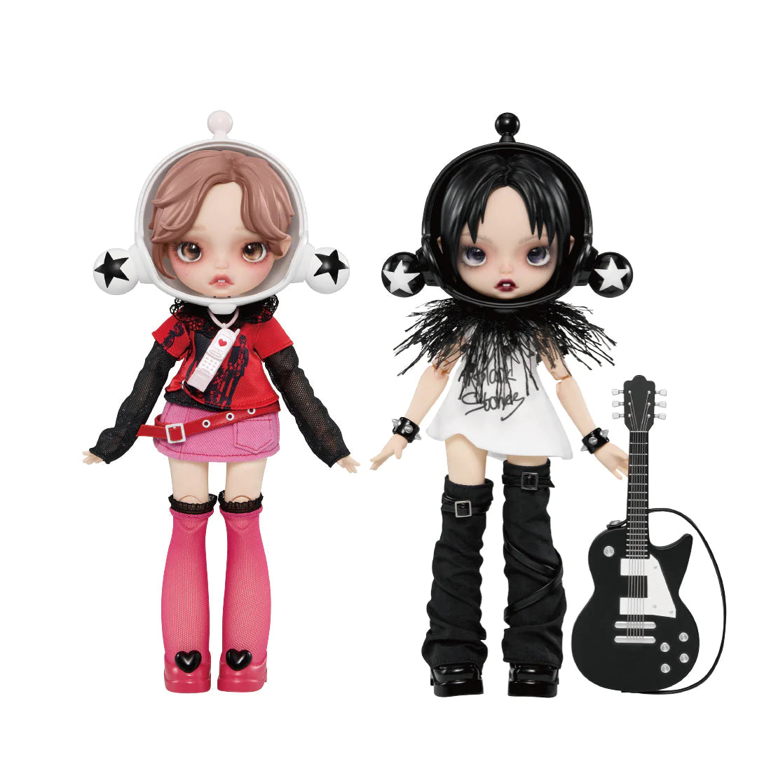 SKULLPANDA x NANA BJD Figure Doll with dolls, helmet, guitar, and accessories.