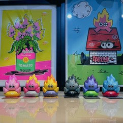 A blind box series featuring 6 regular designs and 2 secrets, like Fire Friend Blind Box Series by The Jum Thailand, at Strangecat Toys. Includes colorful toys and cartoon character posters.