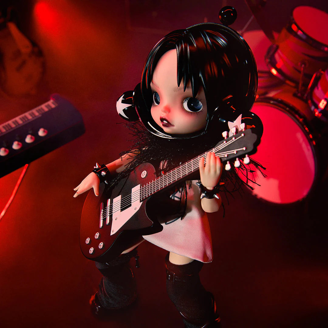 SKULLPANDA x NANA BJD Figure Doll playing guitar, keyboard, and drum with musical instrument details.