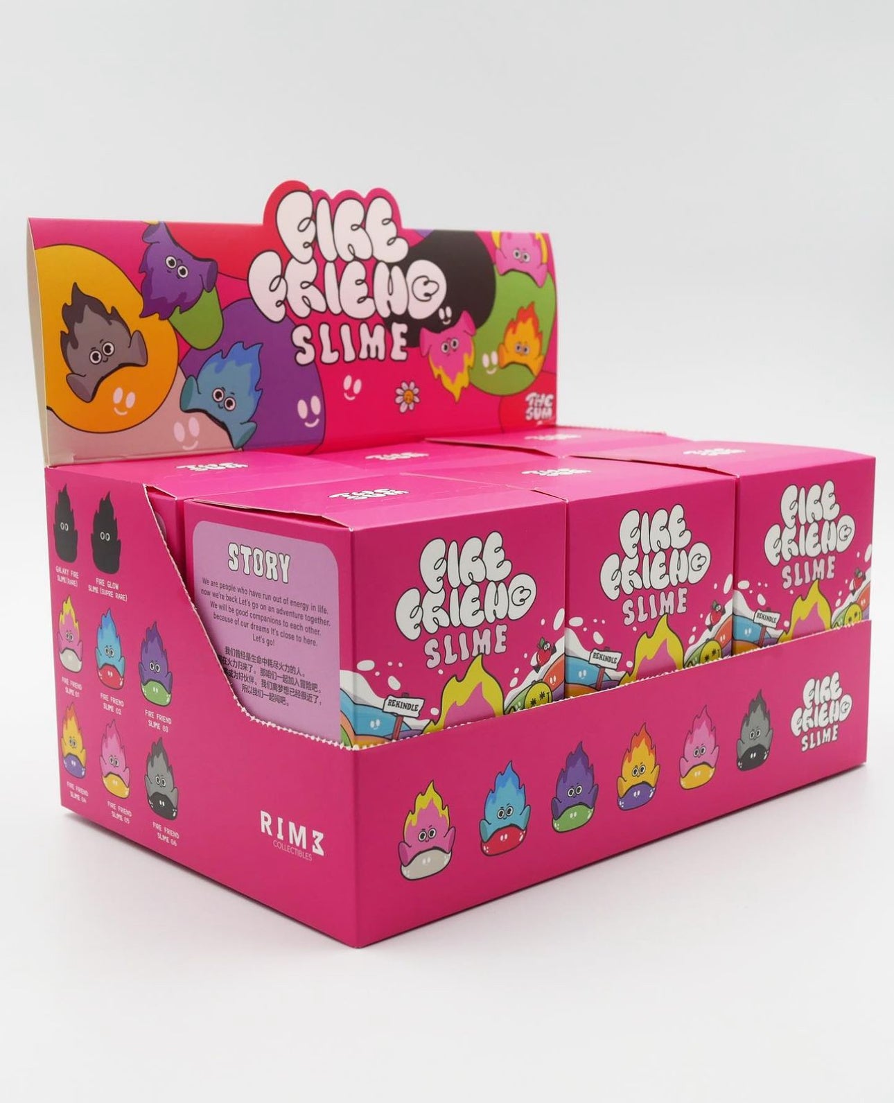 A pink blind box featuring cartoon characters, including a flamingo and a blue monster, part of the Fire Friend Blind Box Series by The Jum Thailand at Strangecat Toys.