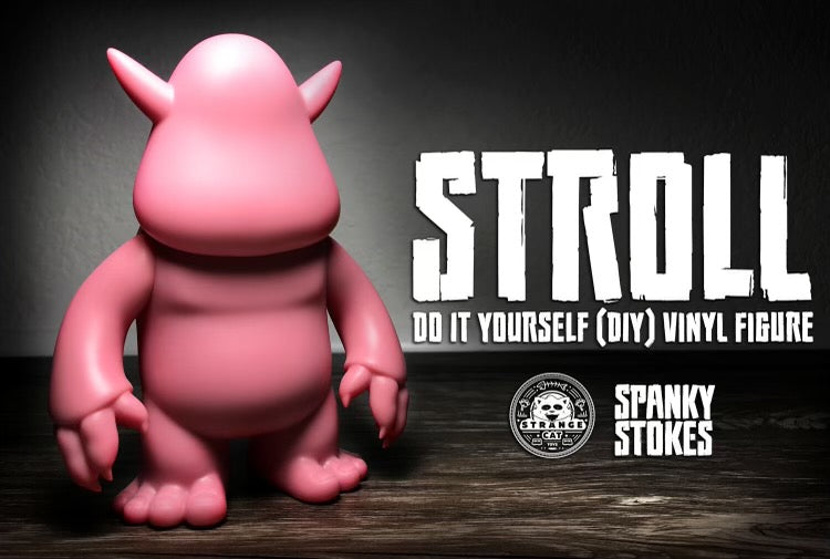 Stroll DIY Pink Vinyl toy with long arms on wood surface, a unique 5.5 figure for creative customization.