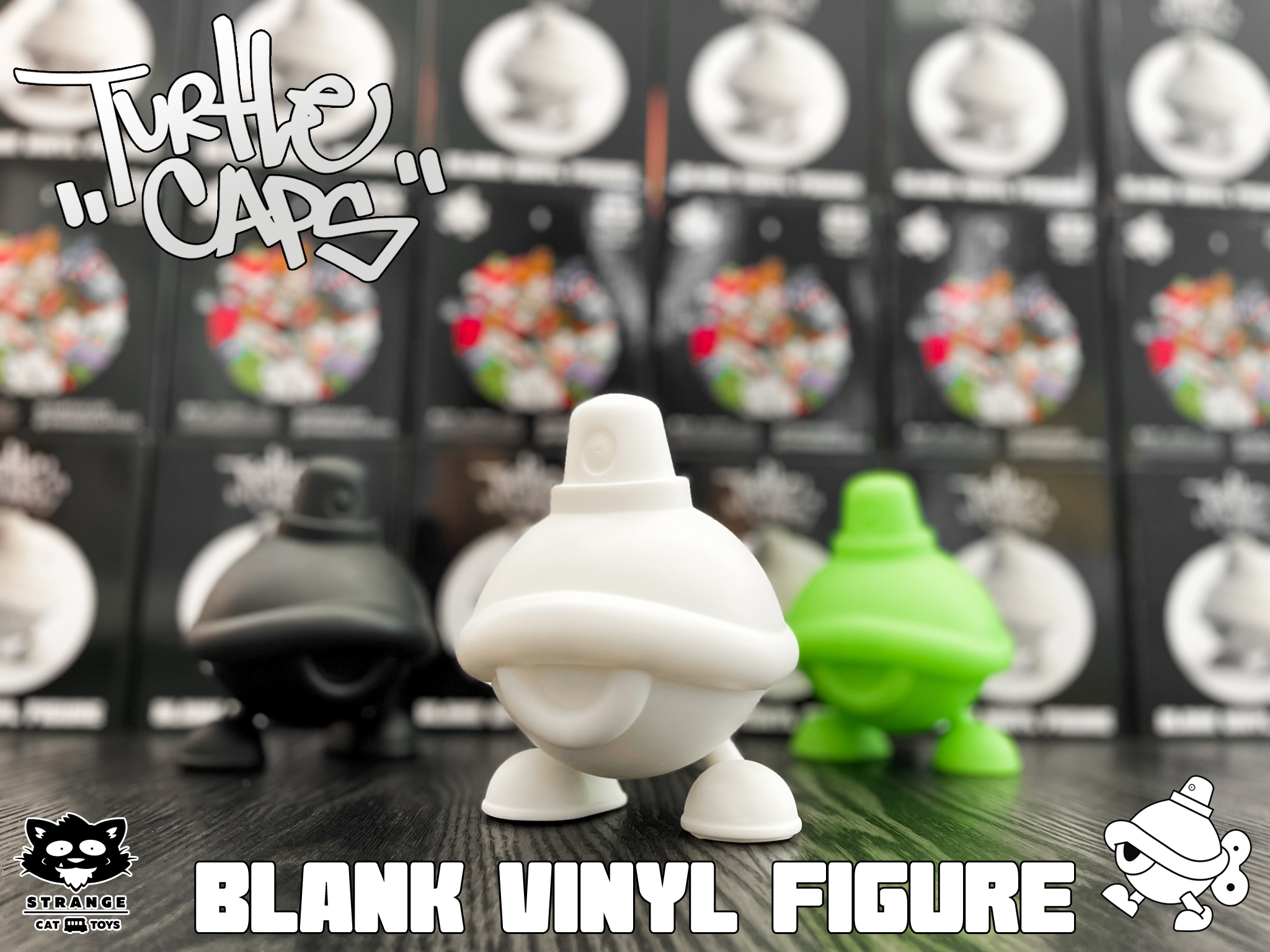 A group of plastic toys featuring a green toy, a white toy with legs and arms, a blurry black toy, and a cartoon character with a hat, part of the Turtle Caps Blank Vinyl Toy collection.