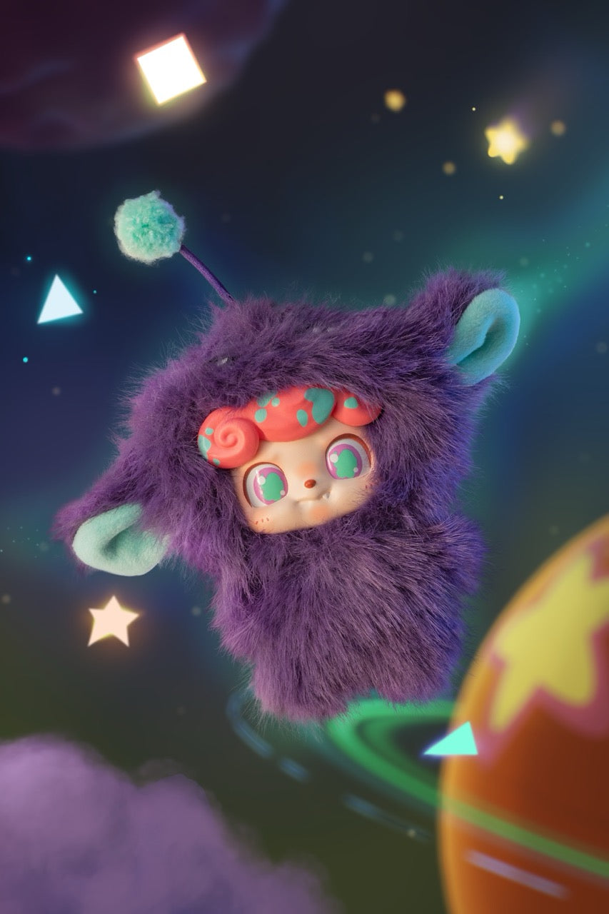 Q. Kid Wave Club Series Plush Blind Box features a whimsical purple alien character with big eyes, fangs, and playful details, floating in a dreamy space scene.