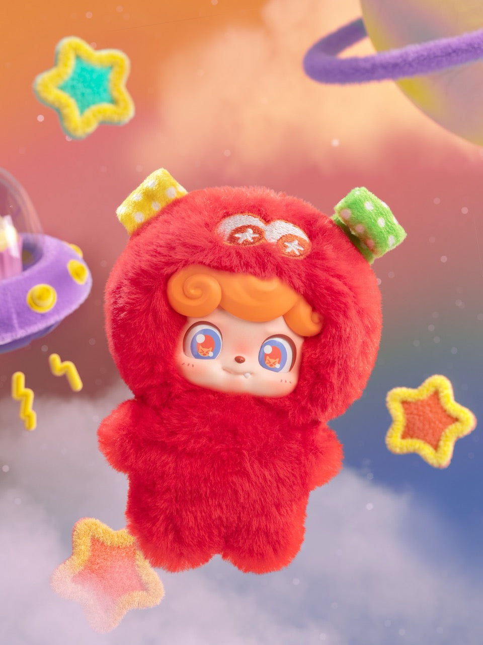 Q. Kid Wave Club Series Plush Blind Box features a whimsical, cartoon character in a fluffy red suit in a pastel space scene, perfect for collectors.