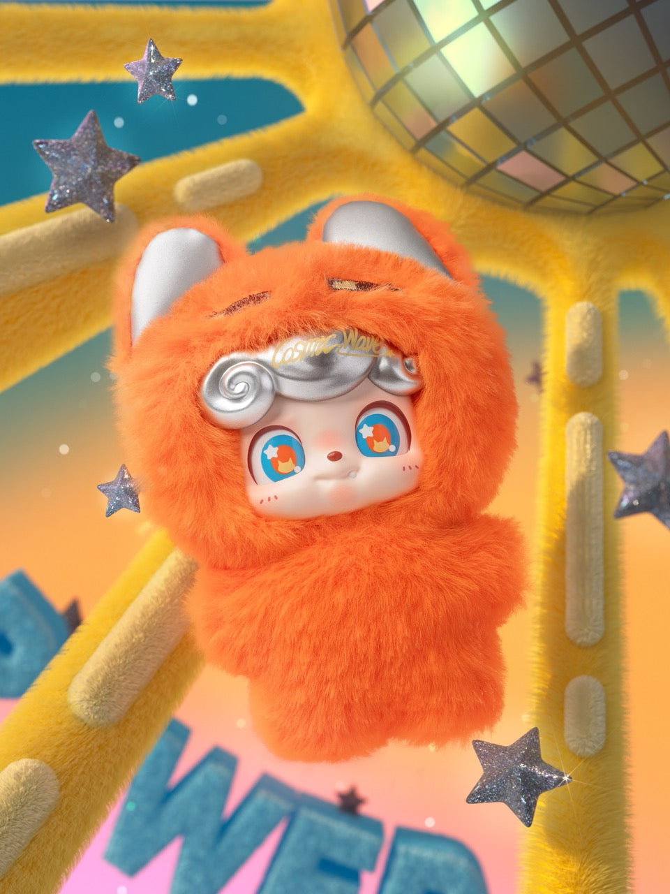 Q. Kid Wave Club Series Plush Blind Box: A 3-D plush creature with starry blue eyes, silver hair, amid a cosmic, playful backdrop.