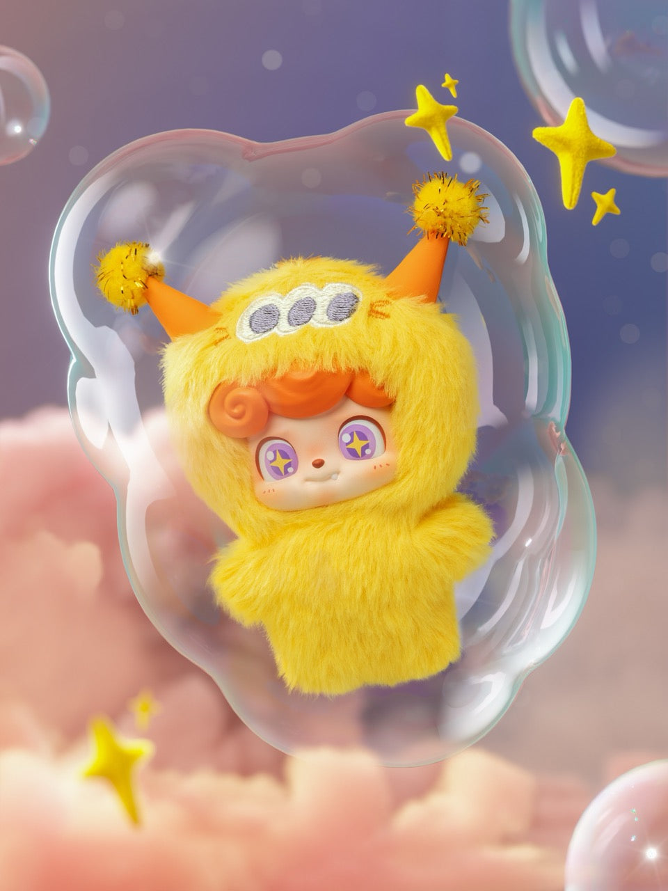 3D-rendered character in a fuzzy yellow suit with pom-pom ears, part of the Q. Kid Wave Club Series Plush Blind Box from Strangecat Toys.