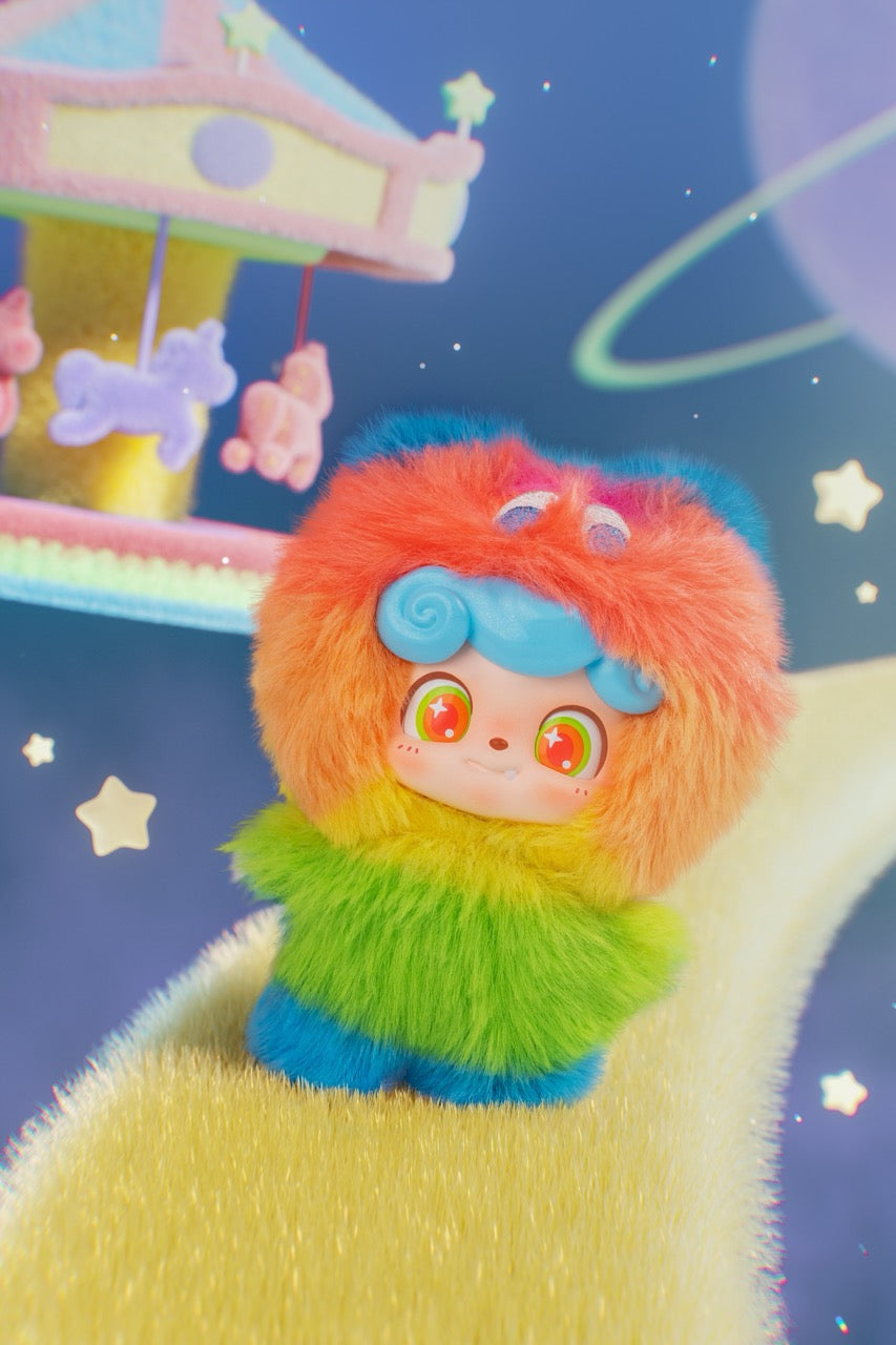 Q. Kid Wave Club Series Plush Blind Box features a whimsical, colorful creature with starry eyes, standing on a fuzzy path in a dreamlike setting.