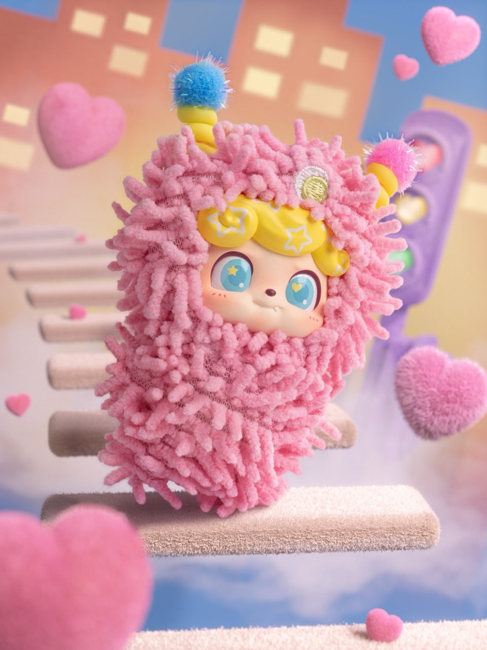 Q. Kid Wave Club Series Plush Blind Box: A whimsical plush character floats on cloud-like platforms, featuring big blue eyes and a pink mop-yarn costume, evoking a dreamy fantasy scene.
