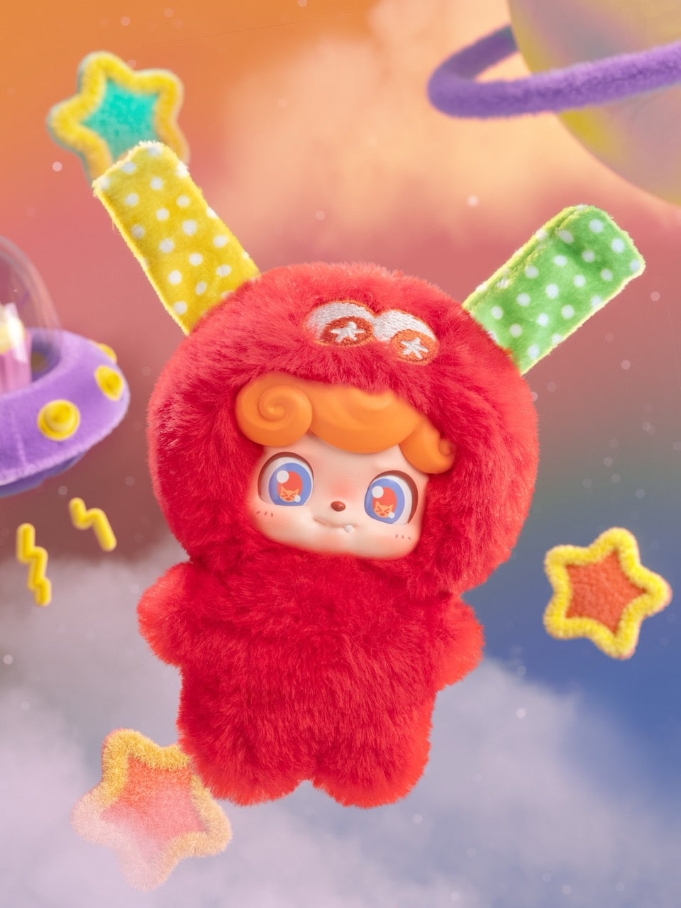 Q. Kid Wave Club Series Plush Blind Box featuring a plush character in a red bunny-suit, surrounded by whimsical space-themed elements.