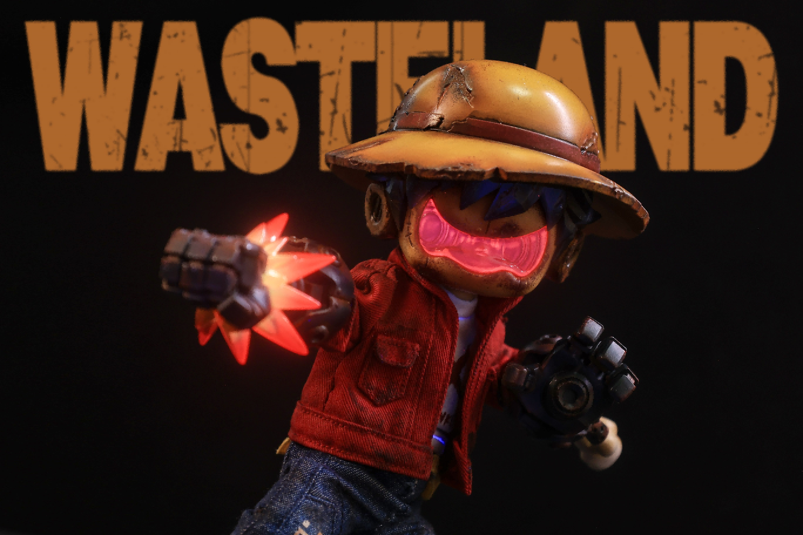WasteLand-Captain toy figurine with glowing eyes, cowboy hat detail, preorder for 2026. Limited edition art toy from Strangecat Toys, 8-inch height, ABS/PVC/Resin.