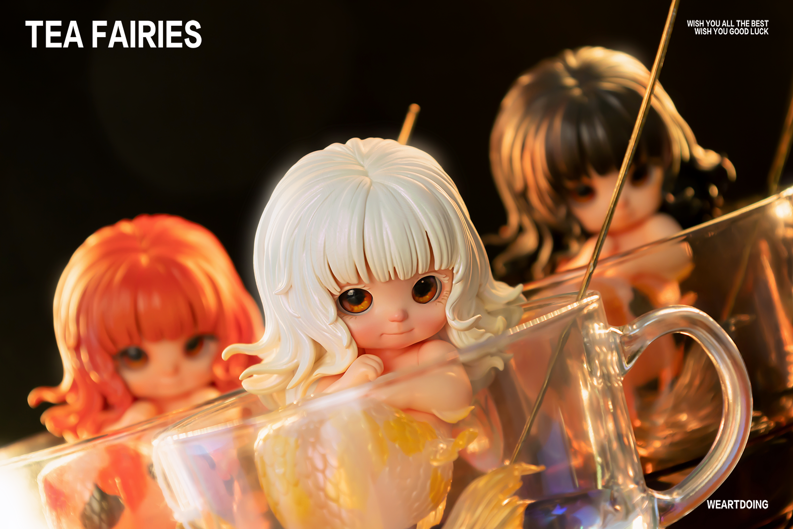 Tea Fairies - Preorder: Dolls in a glass cup, close-ups of dolls, toy, cartoon face, sign, and eyes.