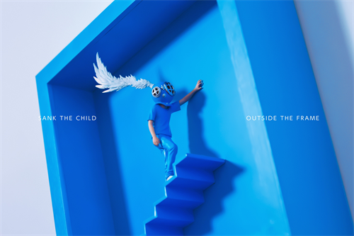 Sank - Outside the Frame: A stylized 3D art toy featuring a blue figure ascending floating stairs inside a cube, set to ship by Q4 2025.