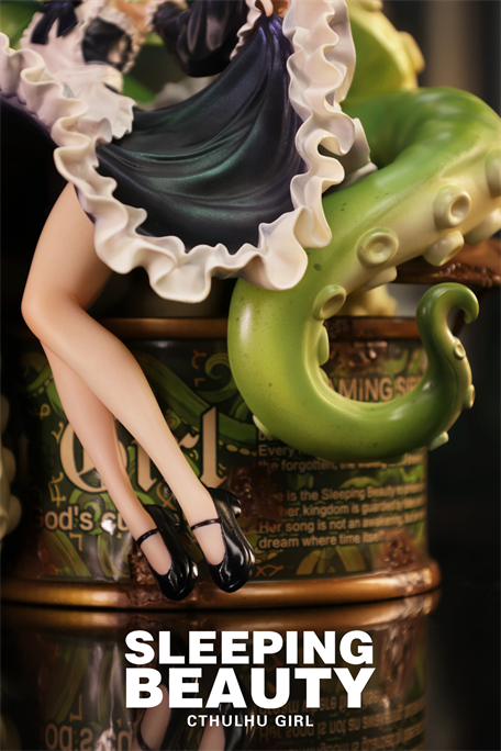 Sleeping Beauty-Cthulhu Girl-Abyss Bloom figure seated on display base with green tentacle backdrop; limited edition resin collectible, available for preorder.
