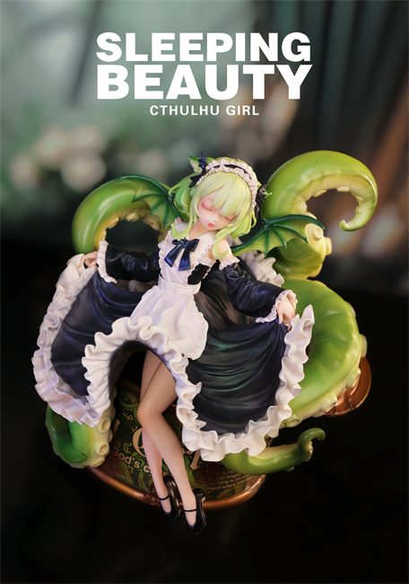 Sleeping Beauty-Cthulhu Girl-Abyss Bloom figurine; anime-style girl in maid outfit, asleep, surrounded by green tentacles and bat wings. Resin, limited edition of 499.
