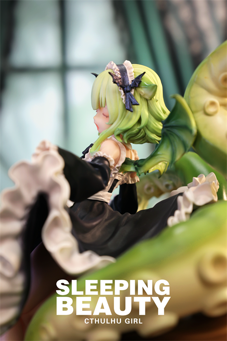Sleeping Beauty-Cthulhu Girl: Abyss Bloom figure, green-haired anime girl in maid outfit, asleep on Cthulhu tentacles. Limited edition, preorder available.