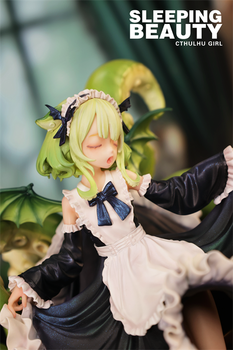 Sleeping Beauty-Cthulhu Girl-Abyss Bloom figurine, detailed anime-style with maid outfit, pale green hair, and tentacle tail; preorder, limited edition resin art toy.