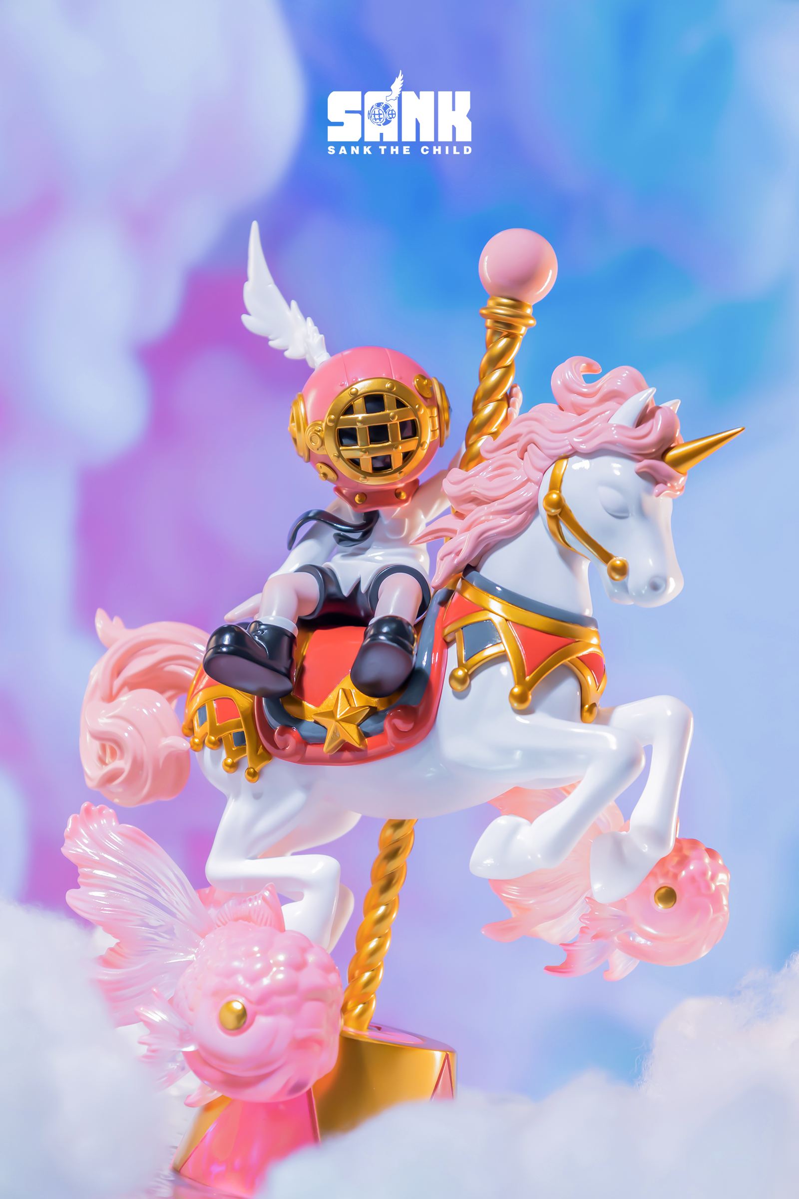 Sank Park-Merry-Go-Round-Pink: Toy horse with rider, angel wings, swirl, and more.