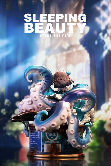 Sleeping Beauty-Cthulhu Girl figurine, Victorian dress with tentacles, perched on a VOICE canister. Limited edition art toy, 17.7cm tall, resin material.