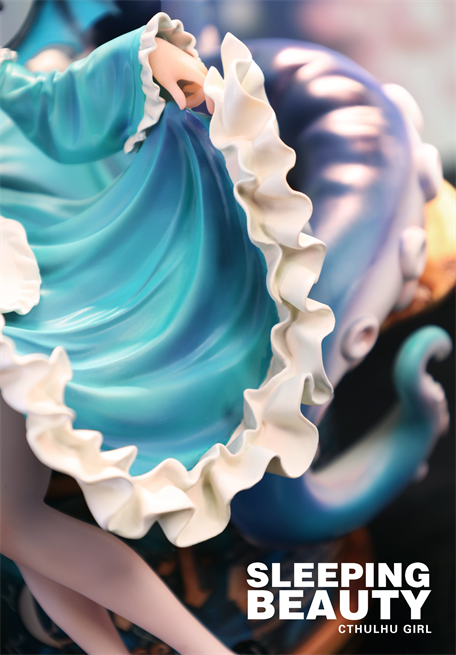 Close-up of the collectible Sleeping Beauty-Cthulhu Girl-Abyss Bloom in a frilly teal dress, featuring tentacle-like hair. Preorder, limited edition resin figurine.