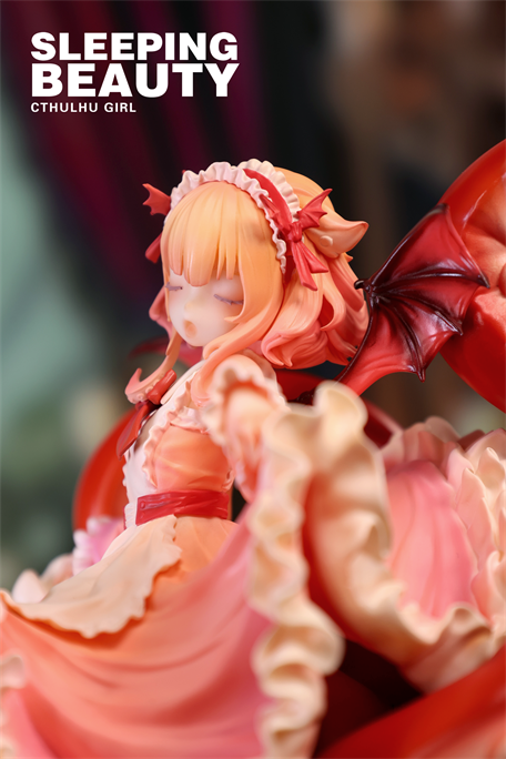 Sleeping Beauty-Cthulhu Girl-Abyss Bloom figurine in pink dress, horned with a wing, eyes closed. Limited edition resin, preorder for Q3 2026 shipment.
