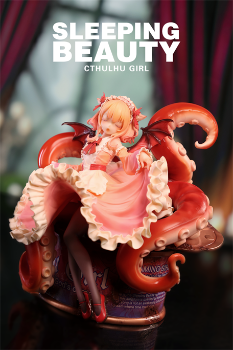 Anime-style Sleeping Beauty-Cthulhu Girl-Abyss Bloom figurine, asleep atop red tentacles, in layered pink gown with wings; preorder exclusive, limited to 499 sets.