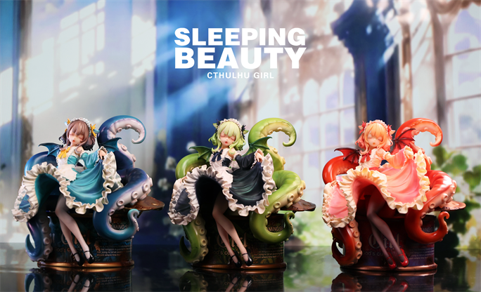 Three Sleeping Beauty-Cthulhu Girl-Abyss Bloom figurines with tentacle bases in blue, green, pink/red variants, preorder available, limited edition resin set.