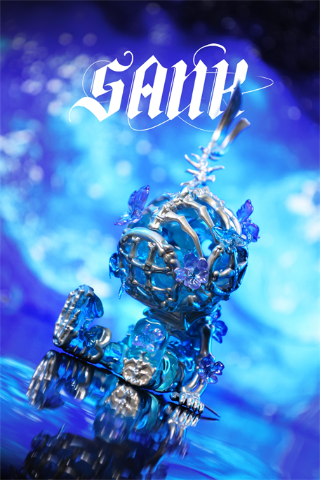 Sank Good Night Series-Whale Bloom: A silver and blue fantasy scepter with metal vines, jewel-like flowers, and butterfly motifs, on a reflective surface.