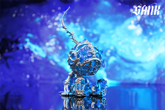 Sank Good Night Series-Whale Bloom: a futuristic, translucent blue resin sculpture with silvery metal accents, featuring organic tendrils and a curved horn.