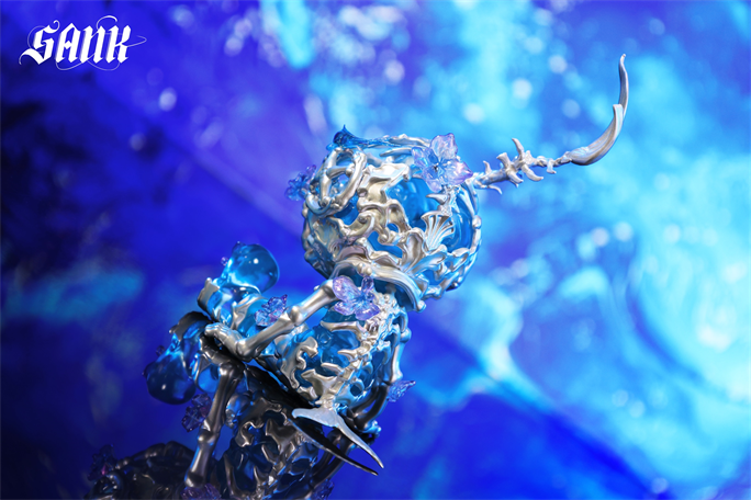 Sank Good Night Series-Whale Bloom: A blue glass orb in silvery filigree with purple blossoms, sitting on a reflective surface, preorder for 2025.