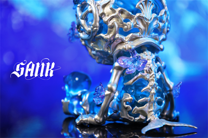 Sank Good Night Series-Whale Bloom: Fantasy art-toy featuring a molten-metal skeleton with translucent blue resin crystals, limited edition collectible from Strangecat Toys.