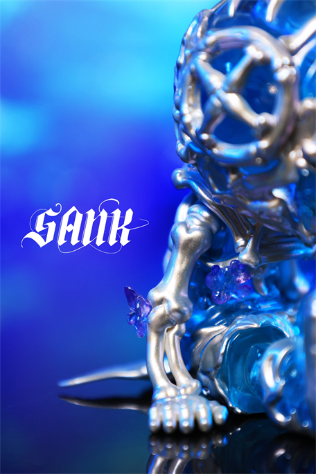 Sank Good Night Series-Whale Bloom collectible figure, silver-chrome with metallic legs and purple accents, set against a blue background. Preorder for limited edition, resin, ultra-violet reactive.
