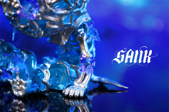 Sank Good Night Series-Whale Bloom: A collectible figure with metallic silver skeleton, translucent blue body, purple crystal accents, on glossy black surface. Preorder, limited edition.