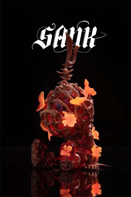 Sank Good Night Series-Whale Bloom: A surreal sculpture with a resin core, rib-like structures, and glowing petals, embodying anatomical and floral elements. Limited edition art piece.