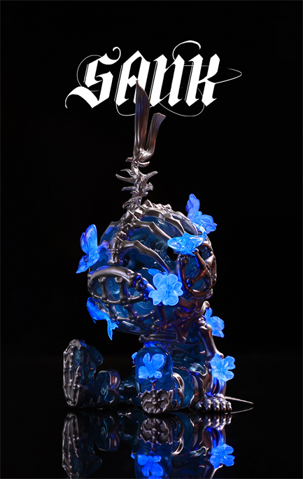 Sank Good Night Series-Whale Bloom: A futuristic skeletal sculpture with bioluminescent blue flowers, featuring a gothic wordmark and reflective base. Preorder, limited edition, UV-reactive resin.