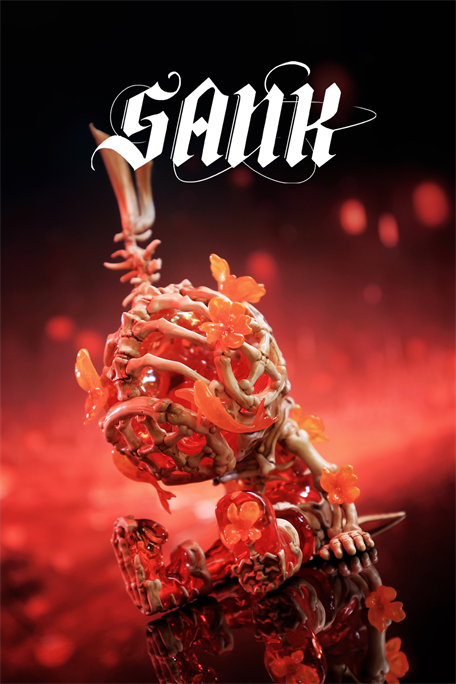 Sank Good Night Series-Whale Bloom: A skeletal sphere with orange coral-like growths, featuring vertebrae and jawbone on reflective surface. Limited edition resin art toy.