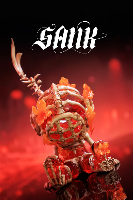 Sank Good Night Series-Whale Bloom: A chubby, skeletal figurine with a glowing red core, ruby-red limbs, and translucent orange blossoms. Preorder, limited edition.