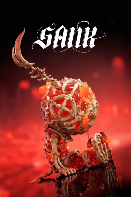 Sank Good Night Series-Whale Bloom: A surreal 3D sculpture featuring a skeletal creature with orange resin accents and a single horn, set for preorder.