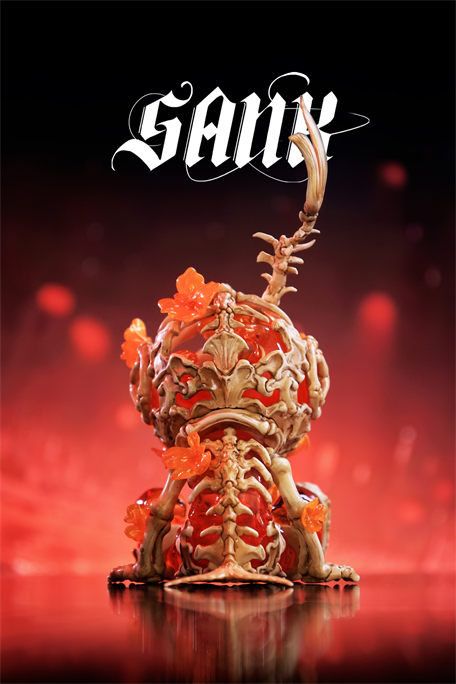 Sank Good Night Series-Whale Bloom: A fantasy sculpture of bone-like elements and crystalline growths, resembling interlocking vertebrae, on a reflective surface.