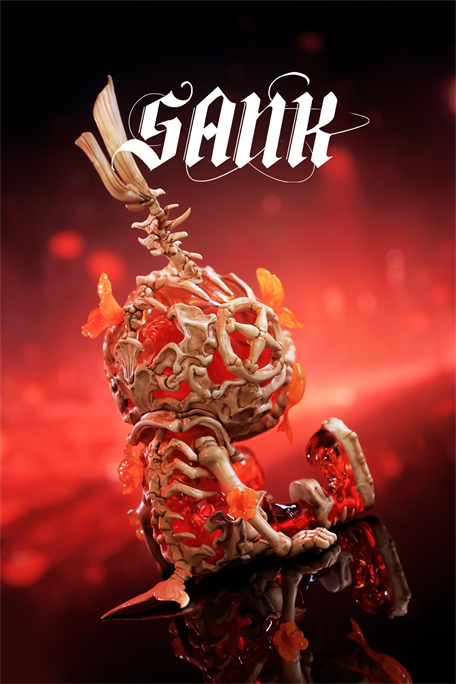 Sank Good Night Series-Whale Bloom: a bunny-like art toy with intricate anatomy, red resin details, and butterfly accents on a reflective base. Limited edition collectible.