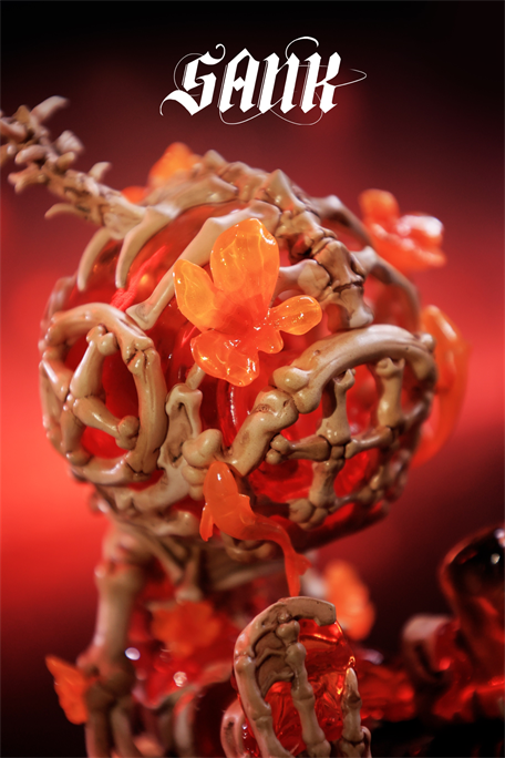 Sank Good Night Series-Whale Bloom: A dark-fantasy art toy featuring a translucent red orb, beige lattice, and orange accents, crafted from UV-reactive resin.