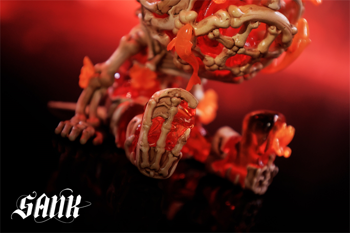 Sank Good Night Series-Whale Bloom: A close-up of a resin skeleton figure with orange-red gel, limited edition collectible, preorder for Q4 2025.
