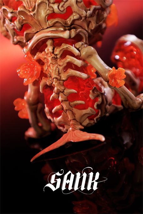 Sank Good Night Series-Whale Bloom sculpture features a bone-like fish skeleton with vivid coral growths, set on a glossy surface, artist logo visible.