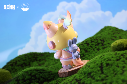 Heart Mending by SankToys x Poriin, a pastel art-toy figurine with wings and bunny accessory, on mossy hill, preorder for limited edition resin piece.