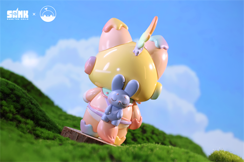 Heart Mending by SankToys x Poriin - Preorder: A pastel collectible art toy featuring a rotund creature with floppy ears, paired with a mini bunny, set on a grassy hillside.