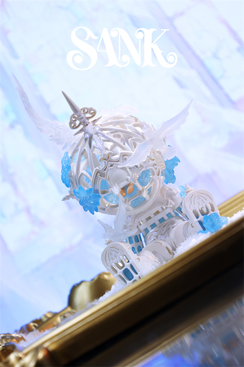 Good Night Series - Sky Wing: White lattice sculpture with translucent birds and blue accents, resembling a fantasy shrine on a gilded frame, limited edition collectible.