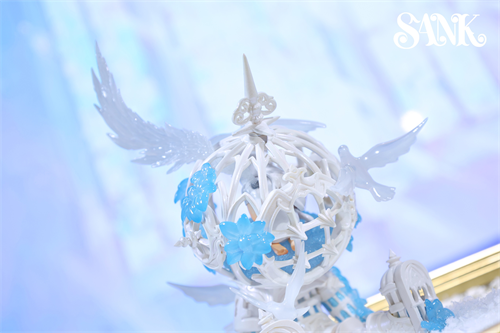 Good Night Series - Sky Wing sculpture featuring a white lattice sphere with blue flowers, two white birds, and a finial, crafted from UV-reactive resin.