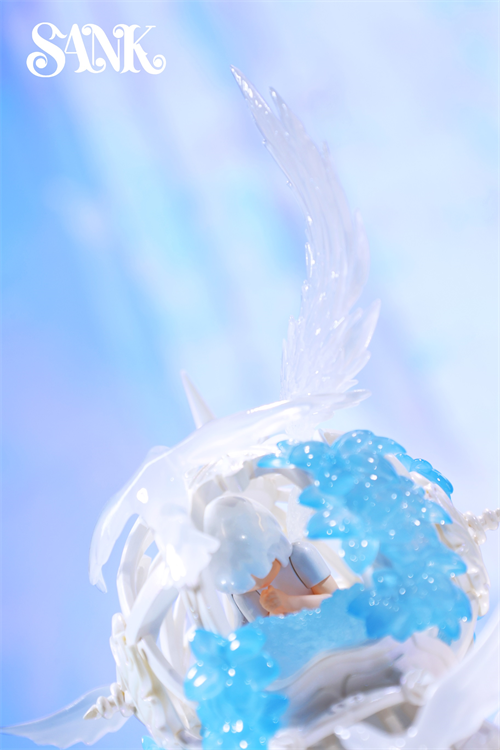 Good Night Series - Sky Wing collectible: a seated figure enclosed in a cage-like sphere, with swirling blue water effects and crystalline wings. Preorder for limited edition.