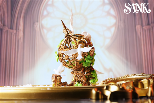 Good Night Series - Sky Wing: An ornate golden globe sculpture with doves, ivy, and gears, set against cathedral arches, part of a limited edition art toy.