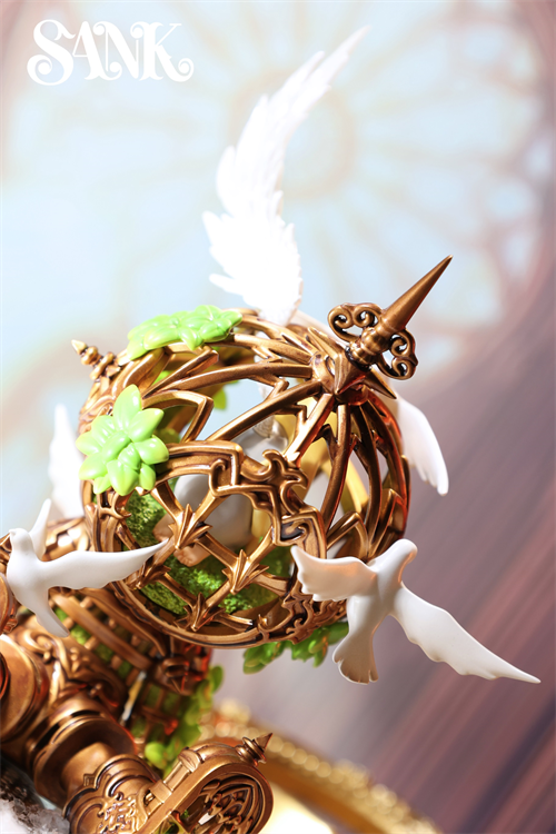 Good Night Series - Sky Wing: Gilded filigree sphere with white doves and green accents, limited edition art piece, preorder for Strangecat Toys.