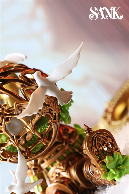 Good Night Series - Sky Wing preorder: A steampunk-inspired sculpture with golden gears, copper tubing, green succulents, and white doves. Limited edition art toy, resin material.